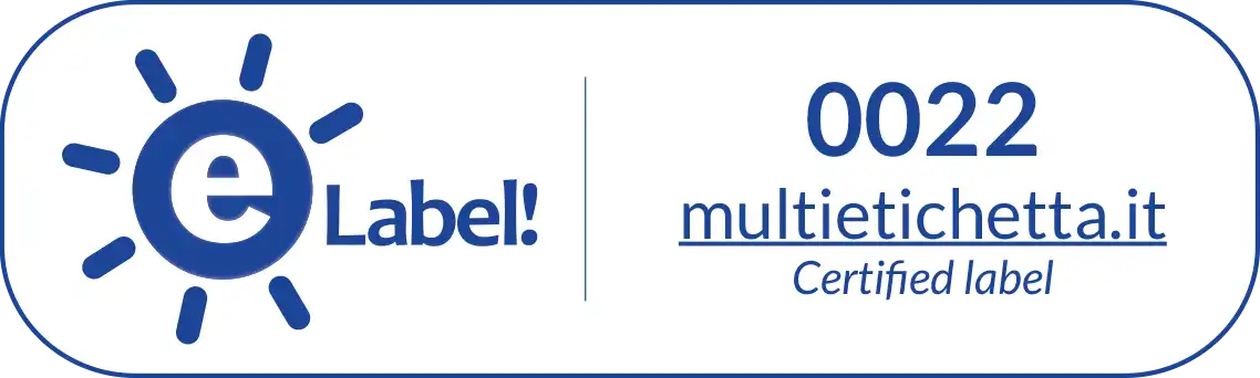 Etichetta certificata "eLabel!" con il numero 0022 di multietichetta.it.