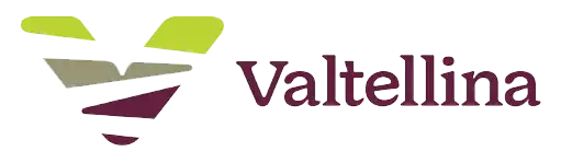 Logo con scritta "Valtellina" e simboli geometrici colorati.