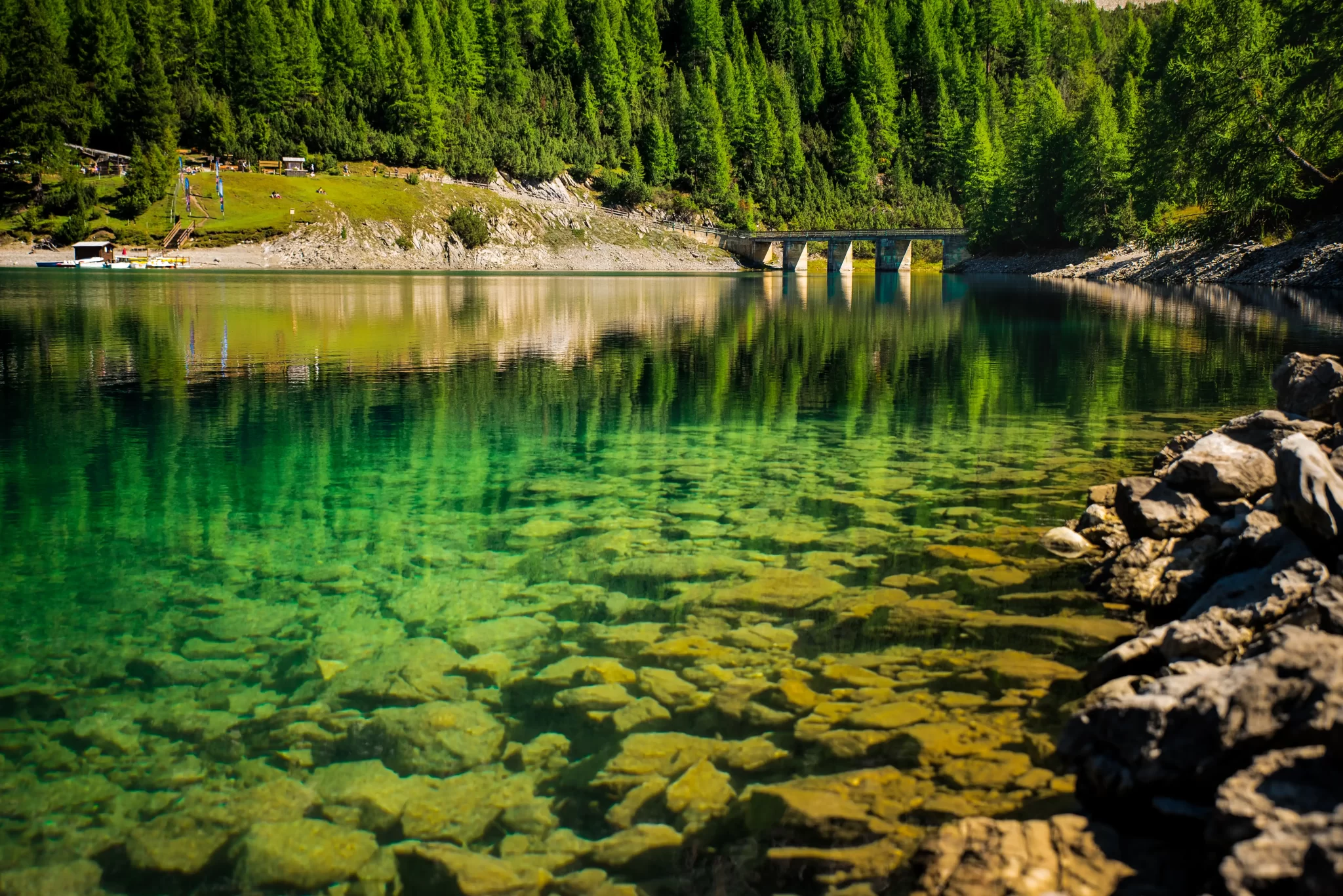 Lago alpino con acqua cristallina e foresta riflessa.