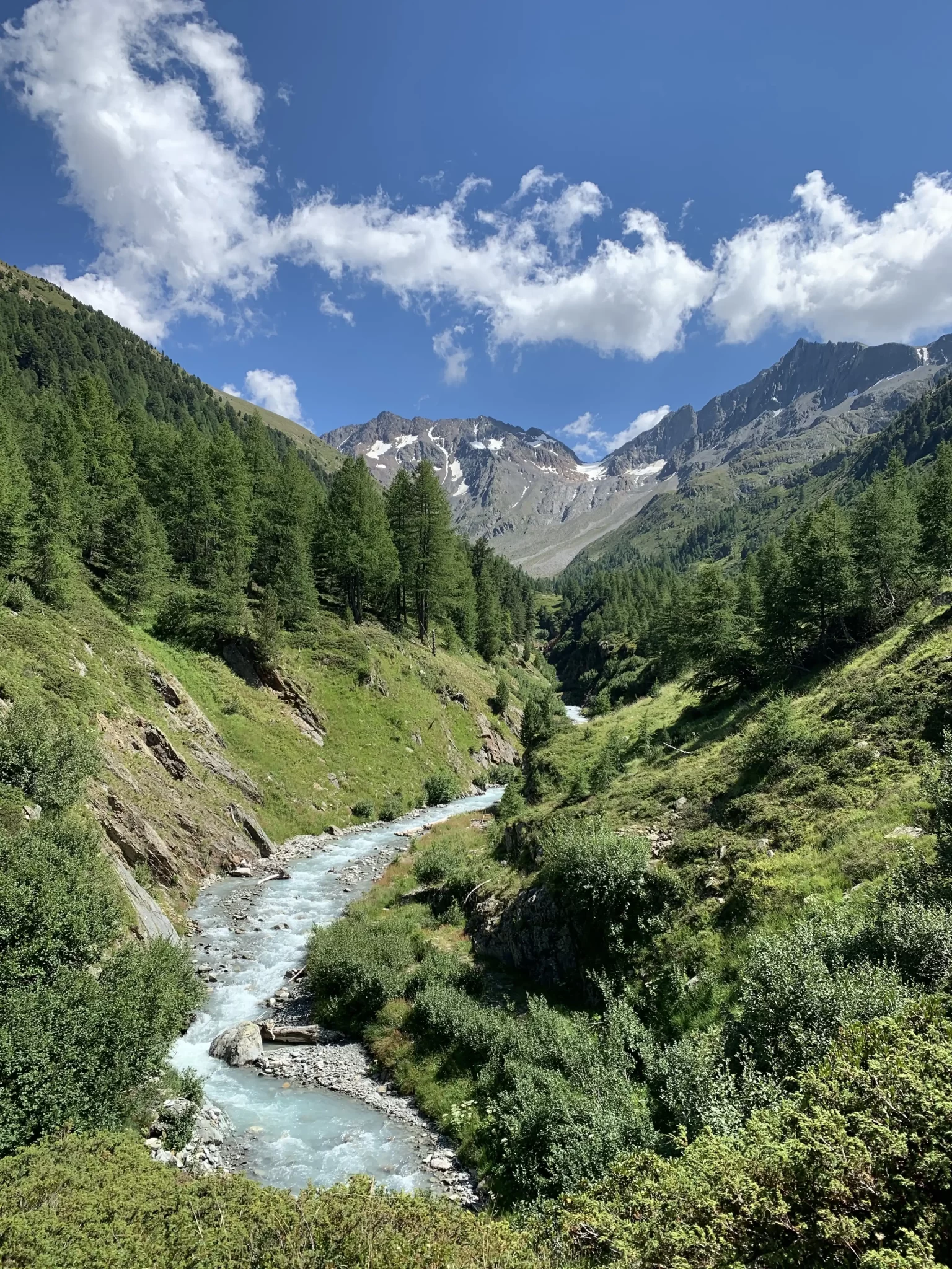 Torrente alpino immerso in una valle montana verde sotto un cielo azzurro con nuvole.